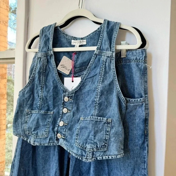NWT Free People Rider Denim Vest Ser Pants Matching Jean Two Piece Blue Medium - Picture 7 of 17